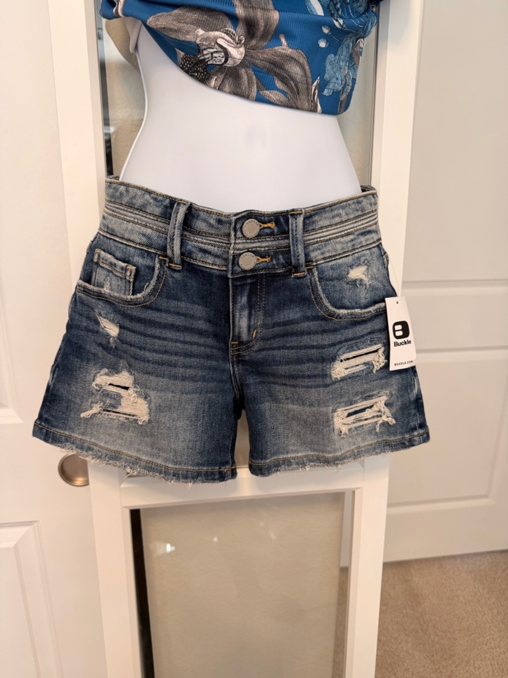 KanCan Distressed Dark Blue Denim Shorts with Frayed Hem